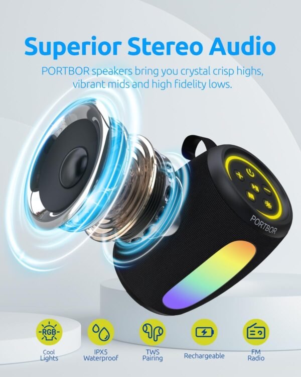 Bluetooth Speaker Portable Wireless,Powerful Sound with Lights/FM Radio, IPX5 Waterproof,TWS Pairing,for Outdoor Camping Beach Home,Him Her Ideal Gift - Image 3
