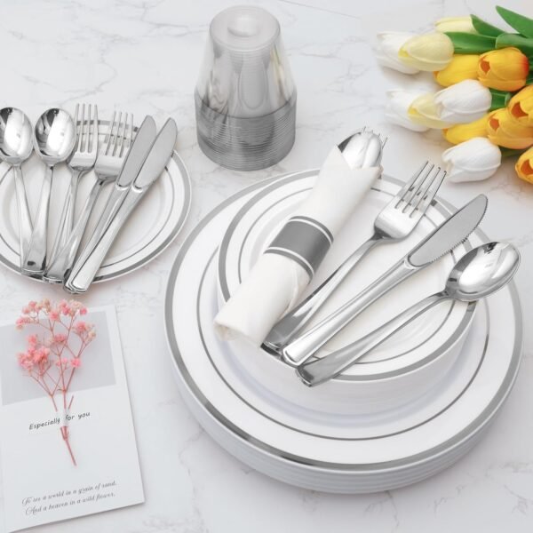 Goodluck 350 Piece Silver Plastic Dinnerware Set for 50 Guests, Fancy Disposable Plates for Party, Include: 50 Dinner Plates, 50 Dessert Plates, 50 Pre Rolled Napkins with Silver Silverware, 50 Cups - Image 6