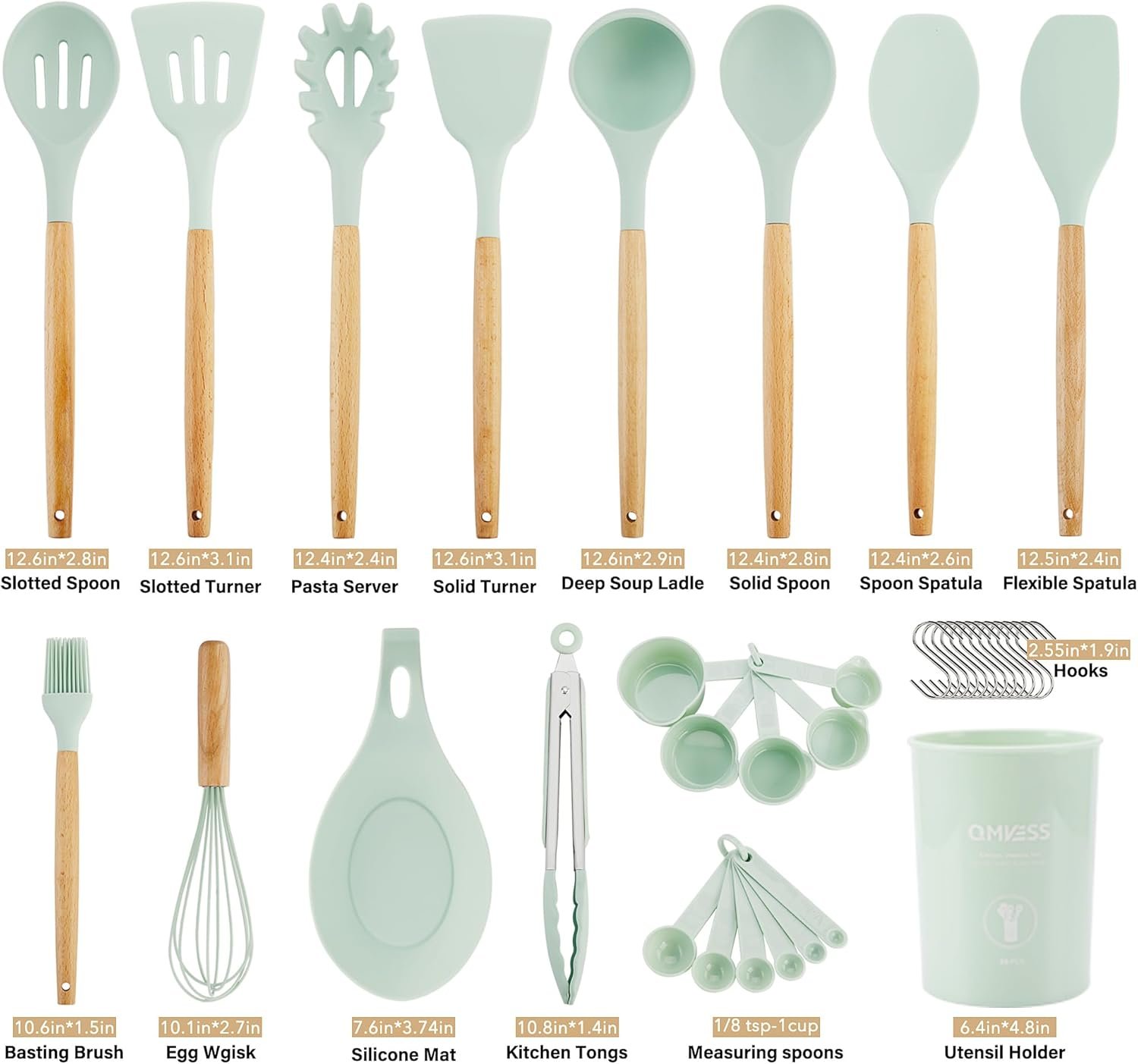 QMVESS Silicone Kitchen Utensils Set, 35 Pcs Non-Stick Cooking Utensils Set, Sturdy Insulation Wooden Handle Kitchen Accessories for Cooking with Spatula Set and Spoons Set Gadgets (Light Green) - Image 8