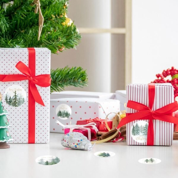 Whaline 1000Pcs Merry Christmas Stickers Roll Watercolor Forest Decals Green Xmas Tree Adhesive Decorative Round Seal Stickers for Gift Greeting Card Party Supplies - Image 8