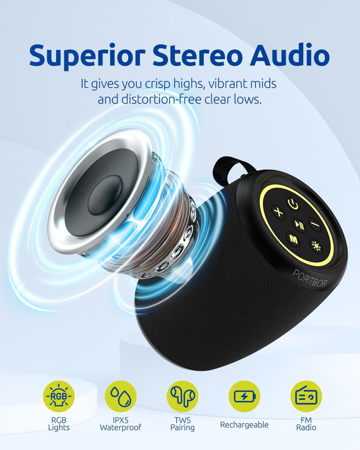 Bluetooth Speaker, Portable Wireless, Powerful Sound, with FM Radio/AUX Input, IPX5 Waterproof, TWS Pairing, for Outdoor Home Party, Birthday Gift - Image 3