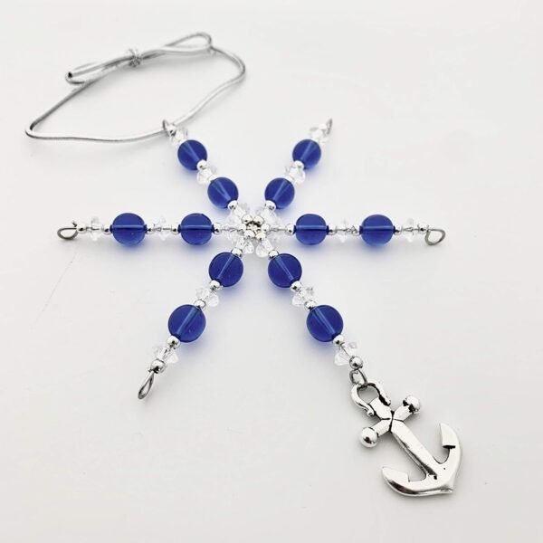 Anchor Ornament - Blue Glass Beaded Snowflake Christmas Ornament/Gift Tag with Pewter Anchor Charm with Jewelry Box - Handmade with Clear and Silver Vintage Beads and Blue Glass Vintage Beads - Image 5