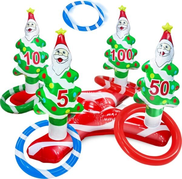 TURNMEON Giant Inflatable Christmas Tree Ring Toss Party Game Toys Kids Adults Family Stocking Stuffers Christmas Party Supplies Favors Decoration Indoor Outdoor Games(4 Score Santa Base, 4 Rings) - Image 2