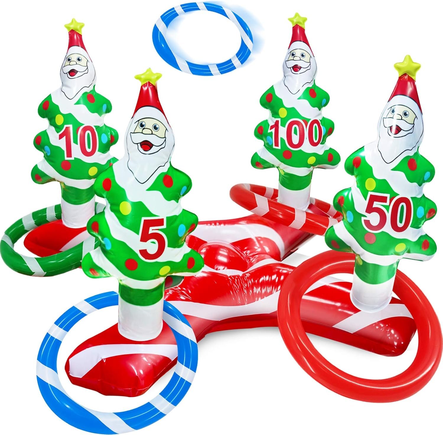 TURNMEON Giant Inflatable Christmas Tree Ring Toss Party Game Toys Kids Adults Family Stocking Stuffers Christmas Party Supplies Favors Decoration Indoor Outdoor Games(4 Score Santa Base, 4 Rings) - Image 2