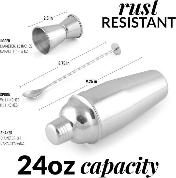 Zulay Kitchen Large 24 oz Stainless Steel Cocktail Shaker Set - Mixed Drink Shaker - Martini Shaker Set with Built in Strainer, Double Sided Jigger & Combo Muddler Mixing Spoon - Pro Margarita Shaker - Image 5
