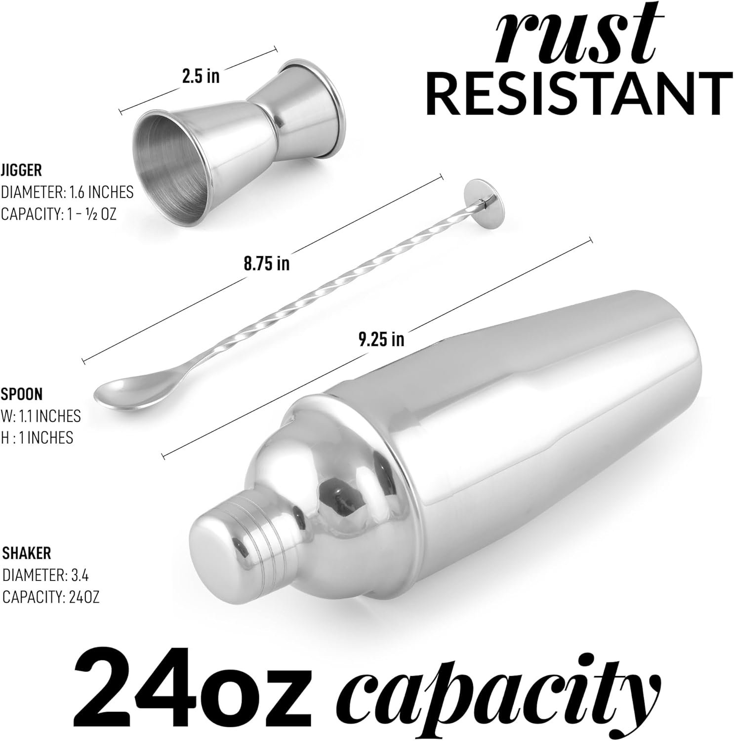 Zulay Kitchen Large 24 oz Stainless Steel Cocktail Shaker Set - Mixed Drink Shaker - Martini Shaker Set with Built in Strainer, Double Sided Jigger & Combo Muddler Mixing Spoon - Pro Margarita Shaker - Image 5