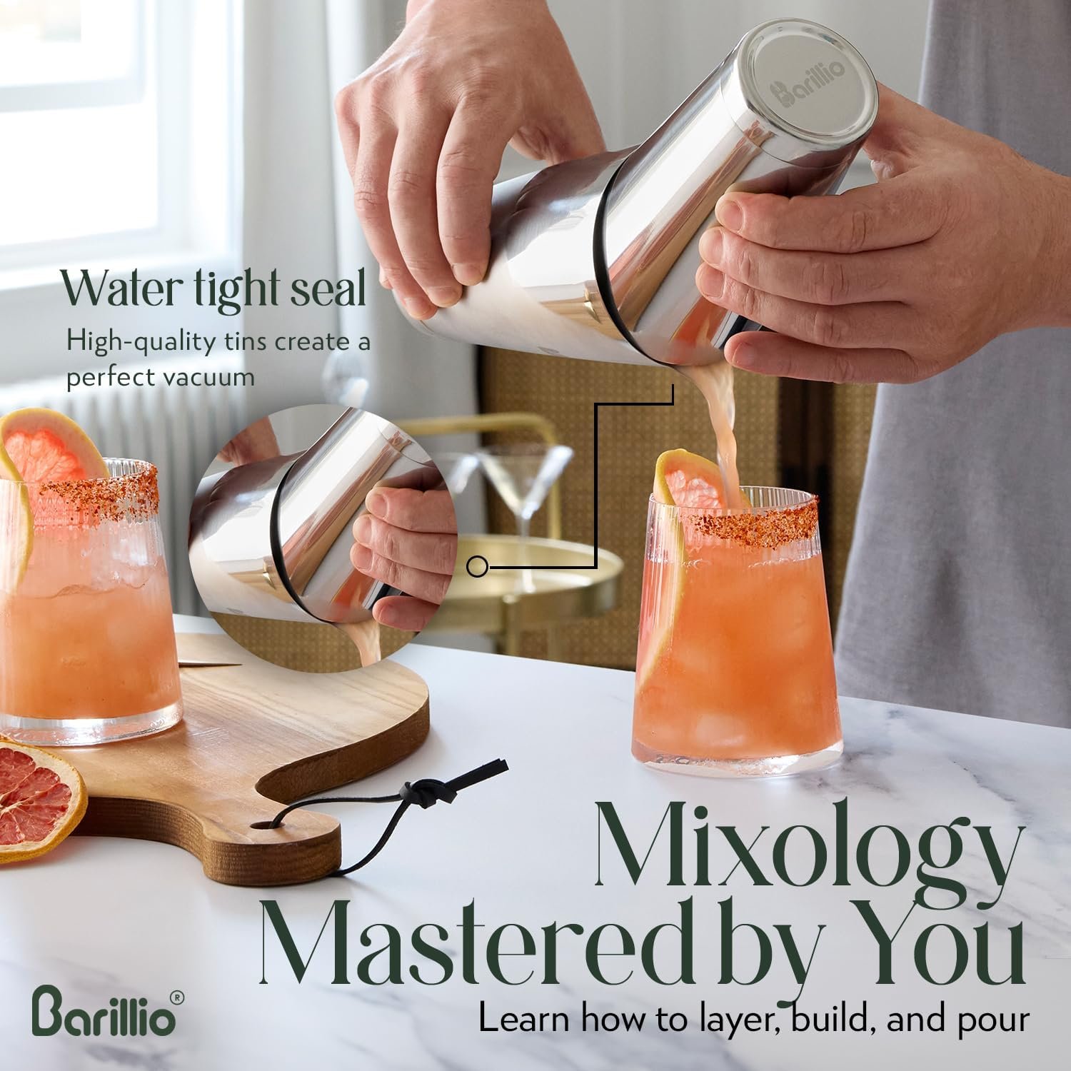Barillio Boston Shaker Set - Stainless-Steel, Weighted, Martini Cocktail Shaker Set w/Strainer & Mixer - Mixology Bartender Kit - Bar Set for The Home - 9-pc Drink Shaker Set - Bar Tools - Silver - Image 6
