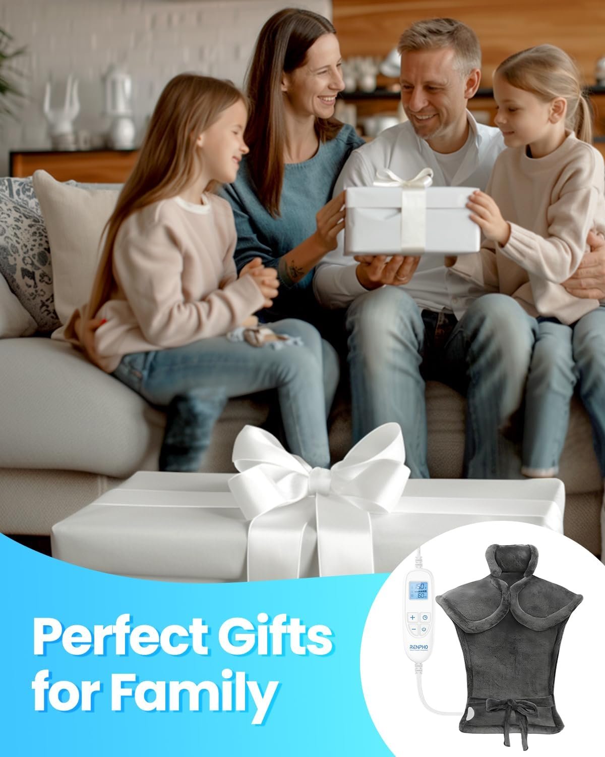 RENPHO Heating Pad for Back Pain Relief, Christmas Gifts for Women Men Mom Dad Wife, FSA HSA Eligible, Electric Heat Pads for Neck and Shoulders, Fast-Heating, Auto-Off, 24"x33", ETL Certified, Gray - Image 4