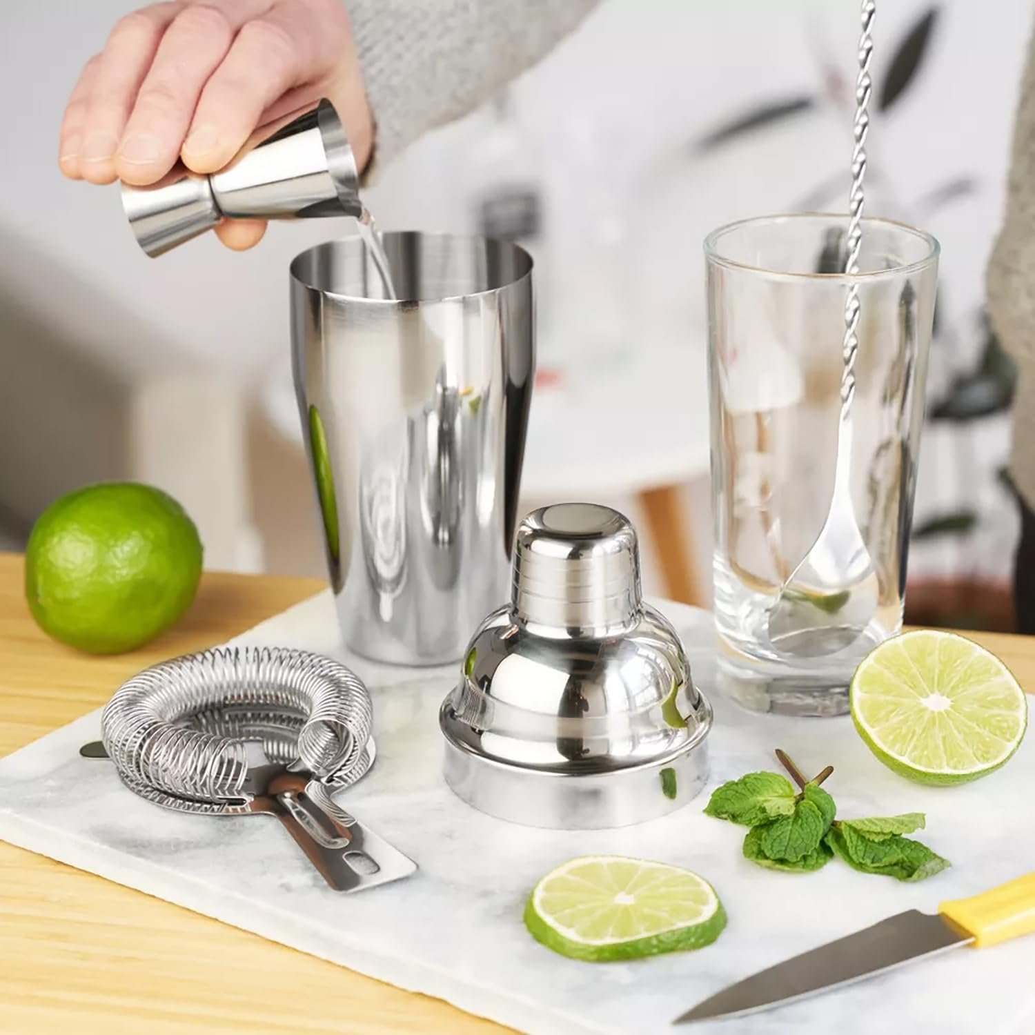 5-Piece Cocktail Shaker Set 24oz Shaker Strainer Jigger T-Mixing Spoon Pour Spout Bartender Kit Stainless Steel Bar Set Housewarming Gift - Image 6