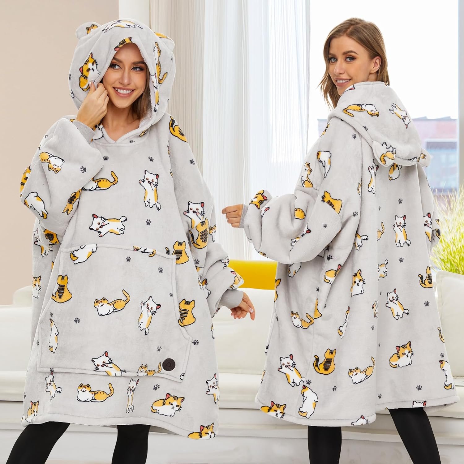THREE POODLE Wearable Blanket Hoodie for Women, Oversized Sherpa Sweatshirt Blanket for Adults Men, Warm Cozy Cat Hooded Blanket, Gifts for Mom Girlfriend Sister - Image 7