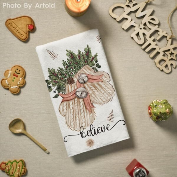 Artoid Mode Beige Xmas Tree Merry Christmas Kitchen Towels Dish Towels, 18x26 Inch Holiday Gloves Ball Hello Winter Decoration Hand Towels Set of 4 - Image 5
