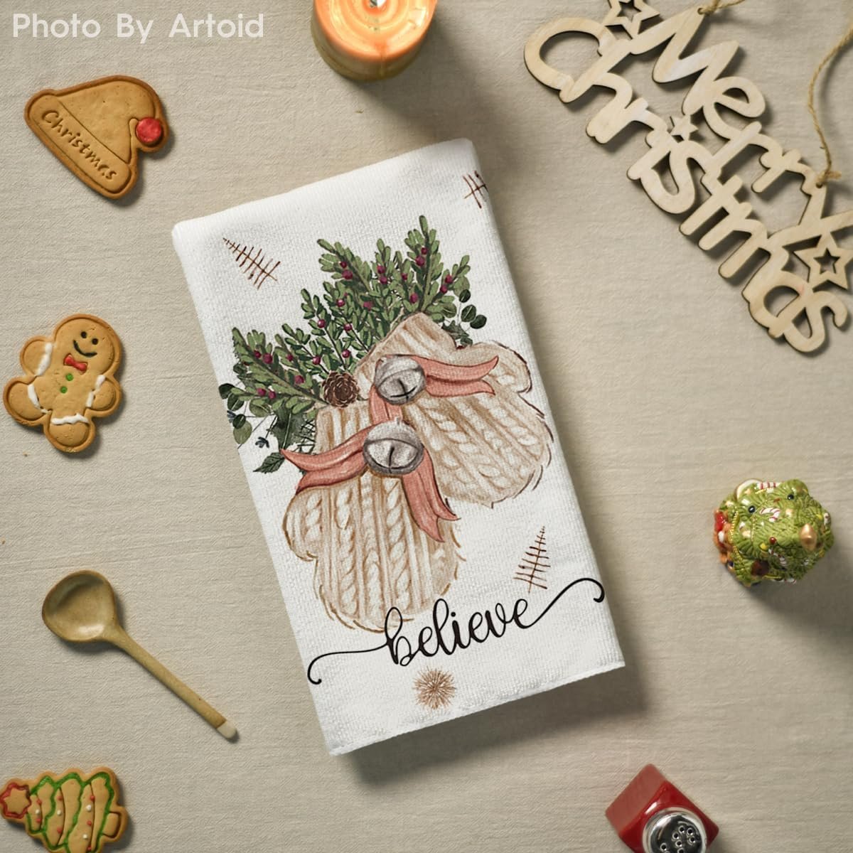 Artoid Mode Beige Xmas Tree Merry Christmas Kitchen Towels Dish Towels, 18x26 Inch Holiday Gloves Ball Hello Winter Decoration Hand Towels Set of 4 - Image 5