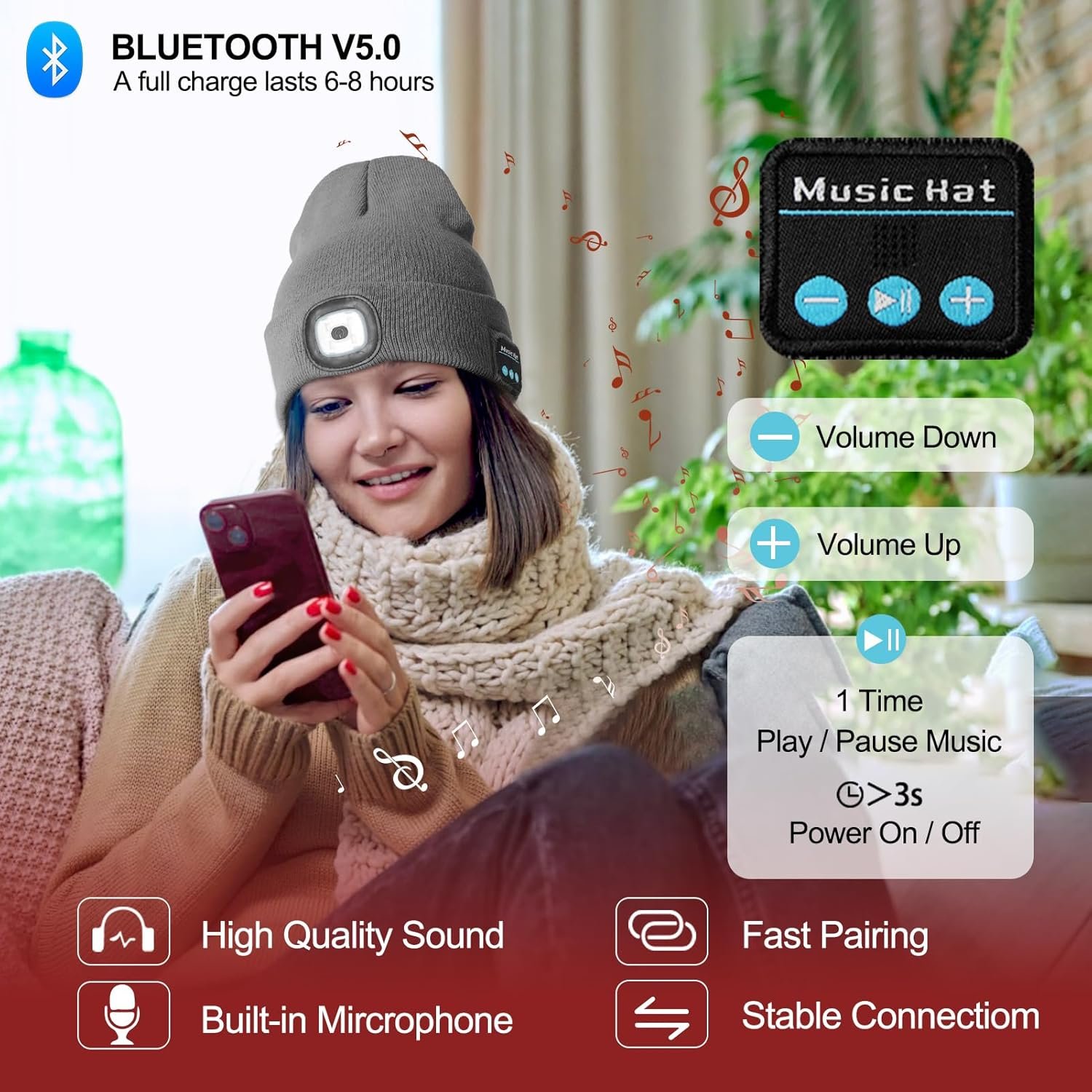 Rechargeable Bluetooth Music Unisex Beanie Hat with Light, Christmas Day Gifts for Men, Stocking Stuffers for Men, Adults, Teens, Dad, Father, Husband, Cool Gadget Gifts for Women, Winter, Gray - Image 3