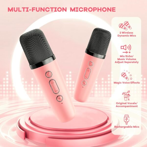 YLL Mini Karaoke Machine for Kids Adults, Portable Bluetooth Speaker with 2 Wireless Microphones, Christmas Birthday Gifts Toys for Girls Ages 4, 5, 6,7, 8,9,10,11,12+ Years Old Toddler (Lightpink) - Image 5