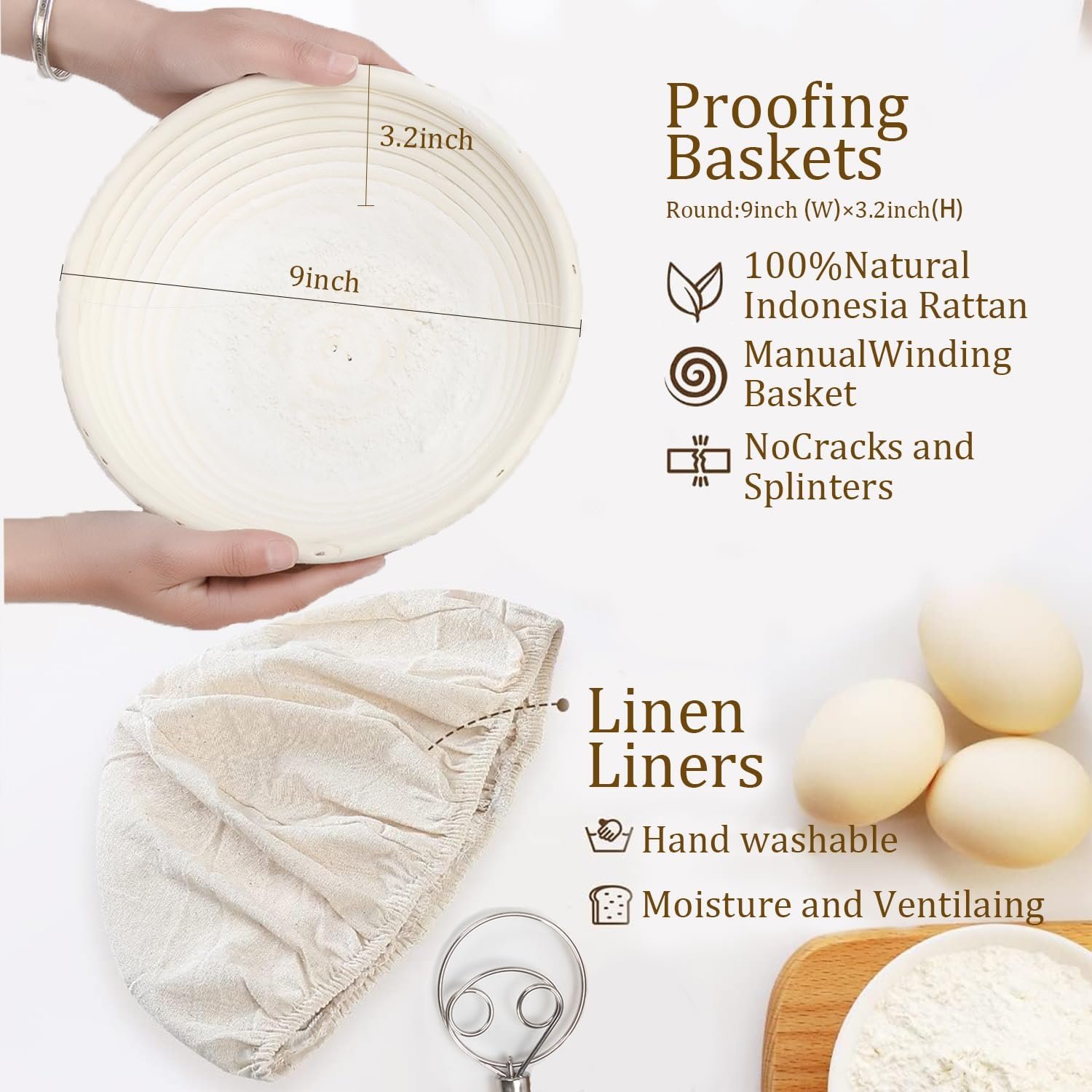 Banneton Bread Proofing Basket Set, 9 Inch Round &10 Inch Oval Sourdough Bread Baking Supplies with Linen Liner, Bread Lame, Silicone Bread Sling,Bowl Scraper,Bread Making Tools,Dough Scraper Kit - Image 4