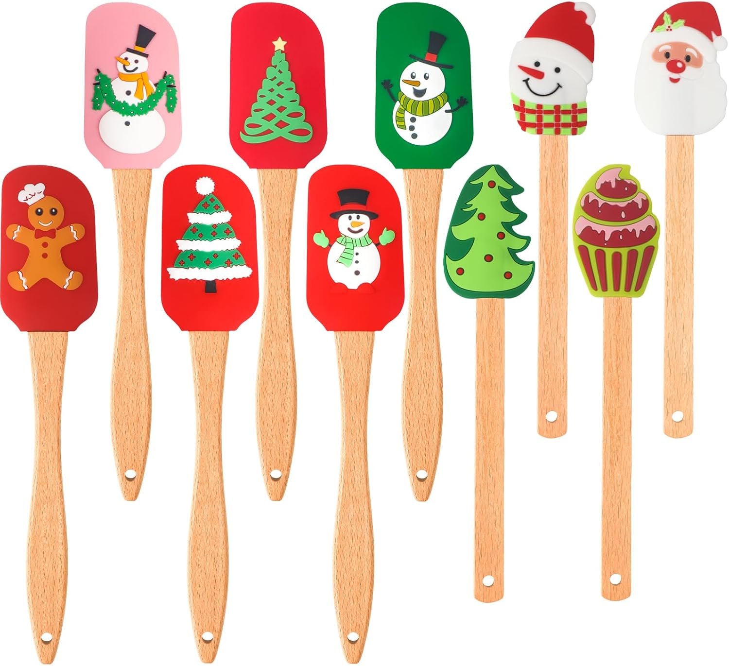 Patelai 10 Pcs Christmas Silicone Spatula Xmas Cake Spatula with Wooden Handle Snowmen Pancake Spatula Cute Pan Scraper Xmas Dish Scraper Cooking Spatulas for Kitchen Mixing Baking (Novel Style) - Image 2