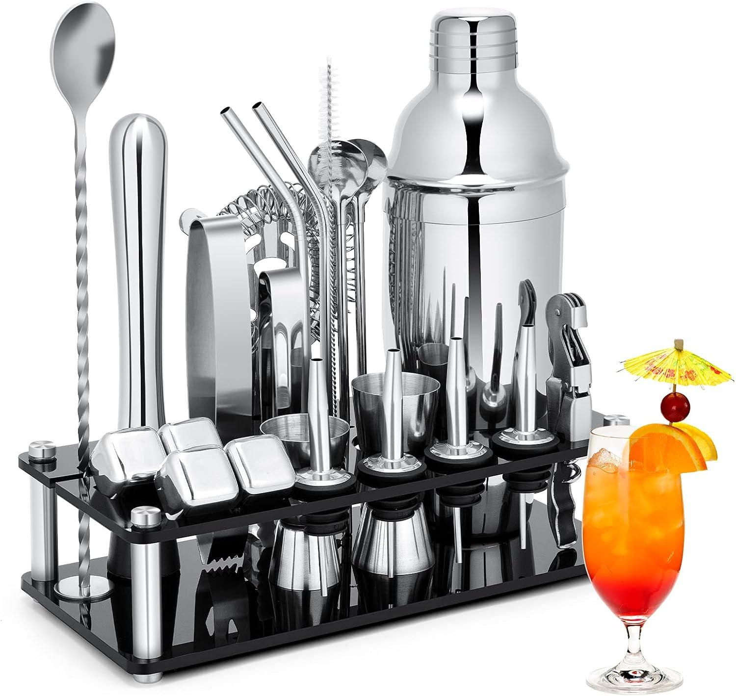 Cocktail Shaker Set, 23-Piece Stainless Steel Bartender Kit with Acrylic Stand & Cocktail Recipes Booklet, Professional Bar Tools for Drink Mixing, Home, Bar, Party (Include 4 Whiskey Stones) - Image 2
