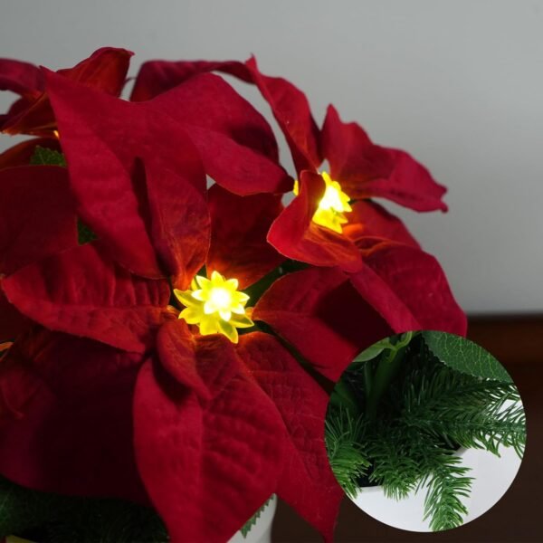 Christmas Artificial Flowers LED Lighted Poinsettias Pine Neddle Potted Christmas Decorations Indoor Home Xmas Table Centerpieces Winter Holiday 12Inch - Image 5