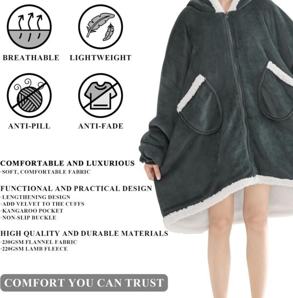 Topcee Oversized Wearable Blanket Sherpa Fleece Blanket Hoodie Comfortable Soft Warm Thick Big Hooded Sweatshirt Hoodie Blanket - Cozy and Fuzzy Blanket Hoodie with Giant Pocket - Dark Grey - Image 5