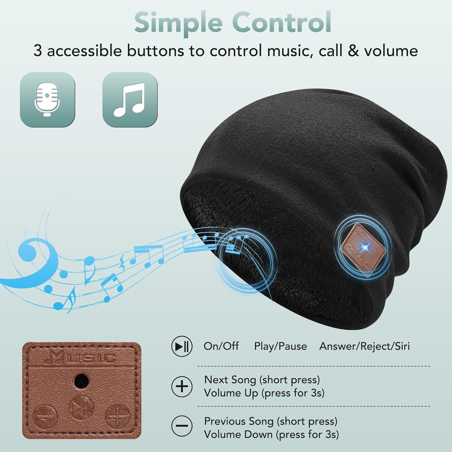2024 Bluetooth Beanie, Wireless Beanie Headphones, Stylish Sleek Shape Bluetooth Hat, HD Stereo Sound, Built-in Mic, Tech Gifts for Men Women Friends Family Teens Boys Girls (Black) - Image 5