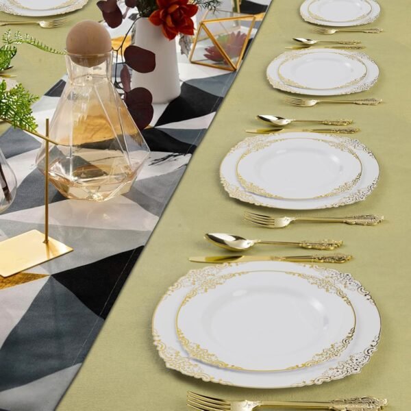350PCS Gold Plastic Plates for 50 Guests, Disposable Dinnerware Sets Include 100 Gold Rim Plastic Plates, 50 Silverware, 50 Pre Rolled Napkins for Party, Wedding, Birthday and Thanksgiving - Image 8