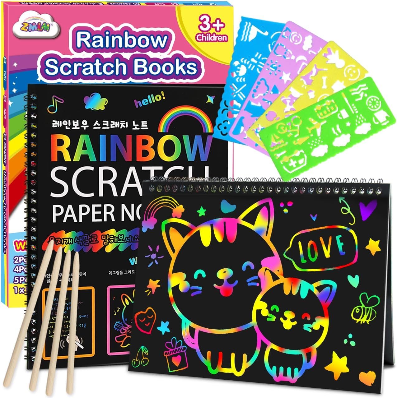 ZMLM Scratch Paper Art-Crafts Gift: 2 Pack Bulk Rainbow Magic Paper Supplies Toys for 3 4 5 6 7 8 9 10 Years Old Girls Kids Favors Gifts for Birthday Christmas Party Games Stocking Stuffers Kits - Image 2