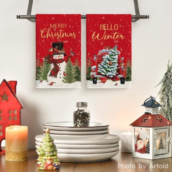 Artoid Mode Xmas Tree Truck Snowman Christmas Kitchen Towels Dish Towels, 18x26 Inch Holiday Bird Hello Winter Decoration Hand Towels Set of 2 - Image 3