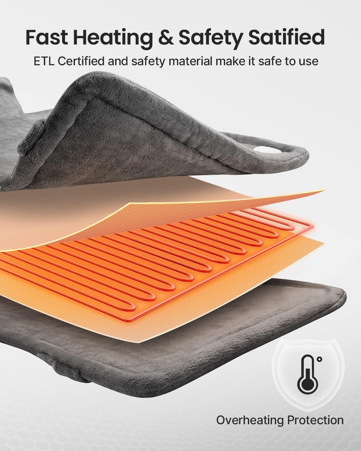 RENPHO Heating Pad for Back Pain Relief, Christmas Gifts for Women Men Mom Dad Wife, FSA HSA Eligible, Electric Heat Pads for Neck and Shoulders, Fast-Heating, Auto-Off, 24"x33", ETL Certified, Gray - Image 7