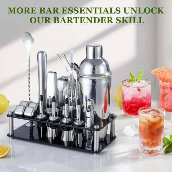 Cocktail Shaker Set, 23-Piece Stainless Steel Bartender Kit with Acrylic Stand & Cocktail Recipes Booklet, Professional Bar Tools for Drink Mixing, Home, Bar, Party (Include 4 Whiskey Stones) - Image 3