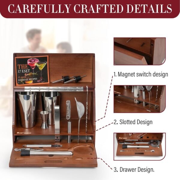 Bar Set Cocktail Shaker Set, Mixology Bartender Kit with Durable Stainless Steel, Cocktail Shaker Set and Bar Accessories with Wooden Box, Bar Kits for Bartender Home - Image 3