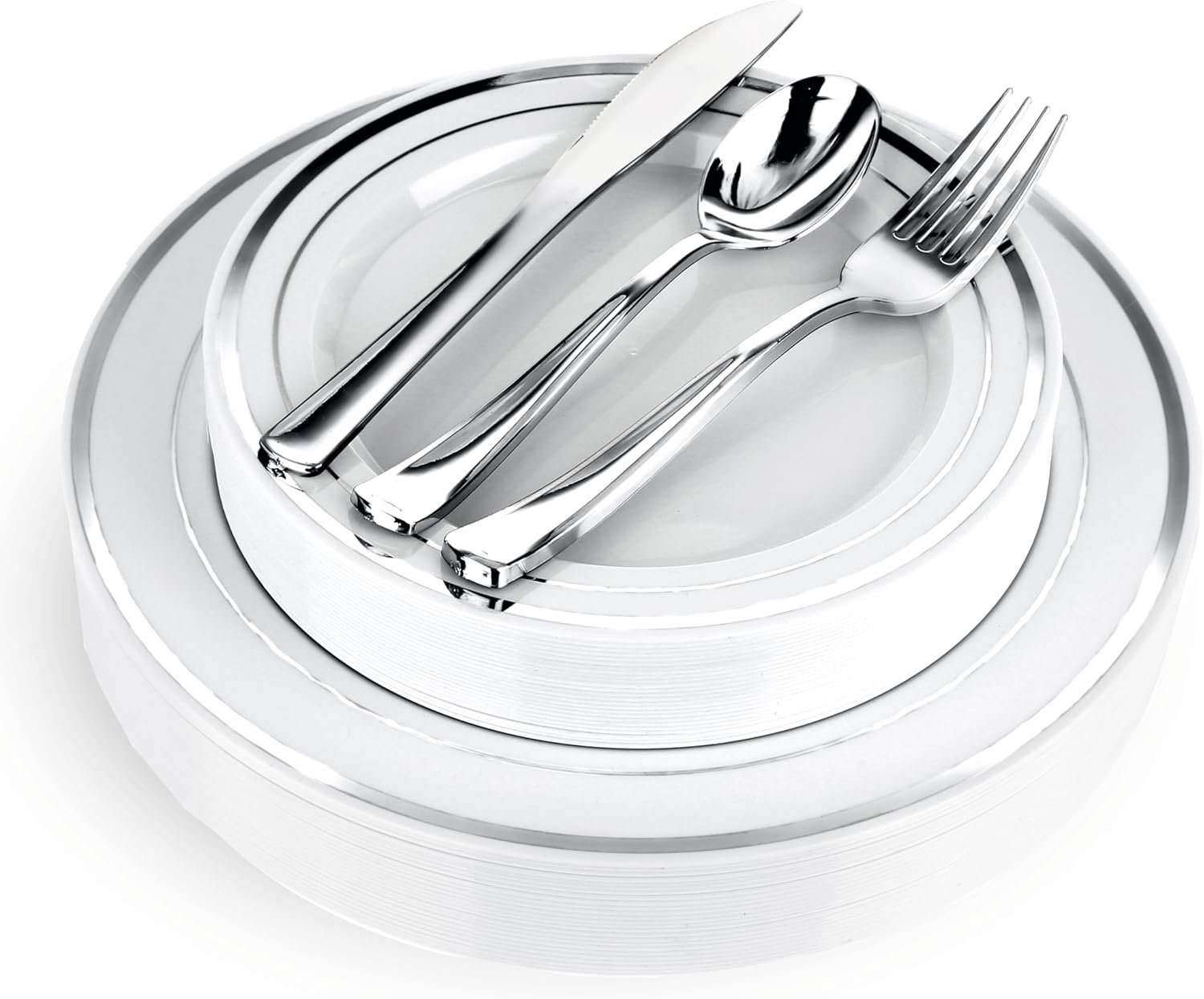 125-Piece White and Silver Fancy Plastic Plates Disposable with Silverware, Elegant Dinnerware for Weddings, Holiday Party China, Set of 25 Dinner + Salad Plates, 25 Spoons, 25 Forks, 25 Knives - Image 2