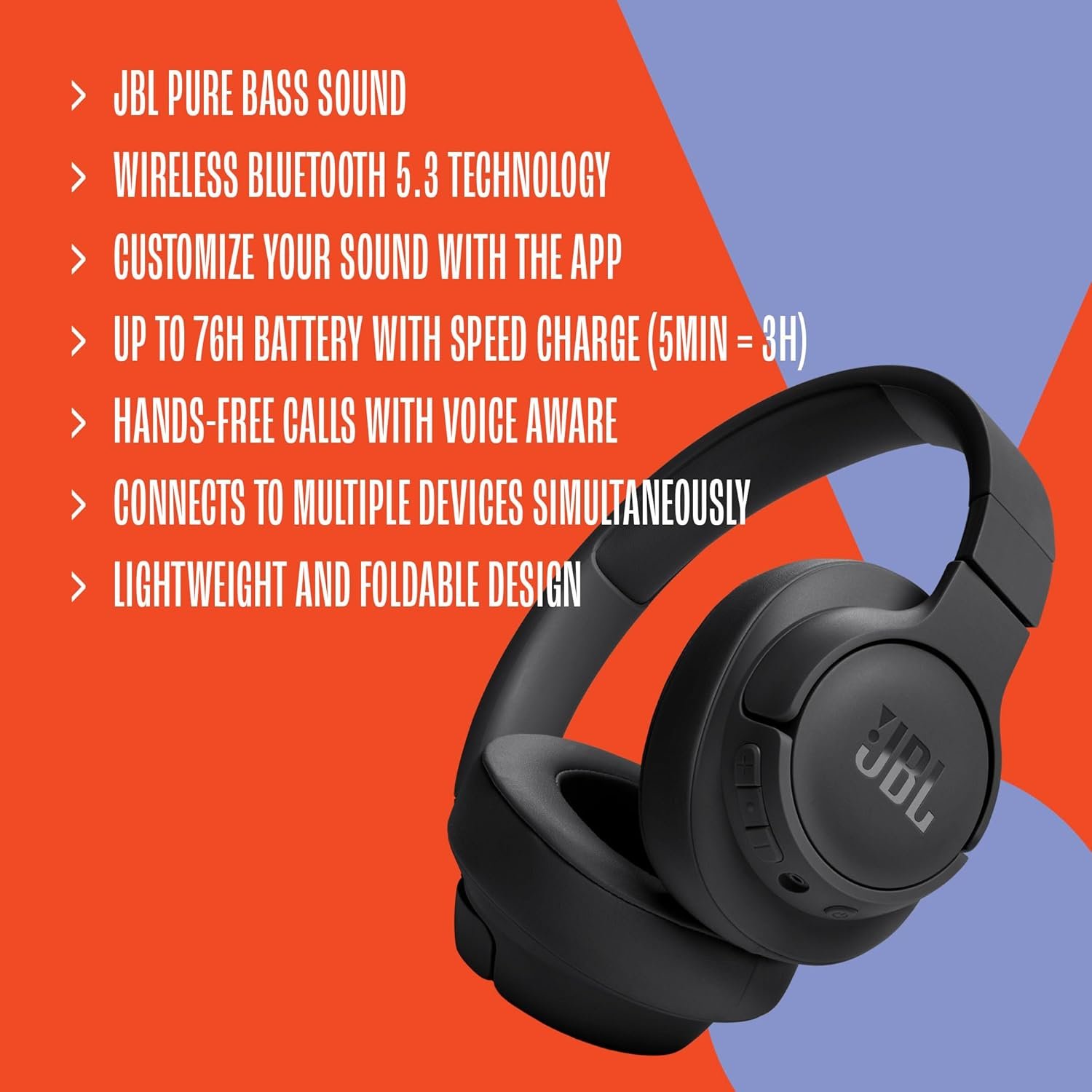 JBL Tune 720BT - Wireless Over-Ear Headphones with JBL Pure Bass Sound, Bluetooth 5.3, Up to 76H Battery Life and Speed Charge, Lightweight, Comfortable and Foldable Design (Blue) - Image 8