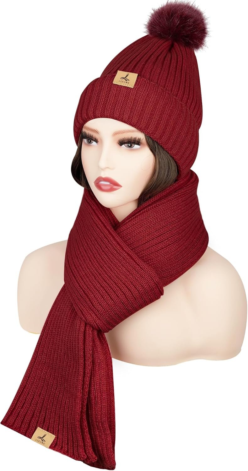 LOROME Women Winter Beanie Hat Scarf Gloves Set, Fleece Knitted Pompom Hat Warm Neck Scarf Touchscreen Gloves Winter Gift - Image 3