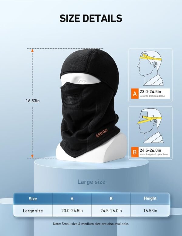 AstroAI Balaclava Ski Mask Winter Fleece Thermal Face Mask Cover for Men Women Warmer Windproof Breathable, Cold Weather Gear for Skiing, Outdoor Work, Motorcycling, Snowboarding, Black-L, 23"-24.5" - Image 4