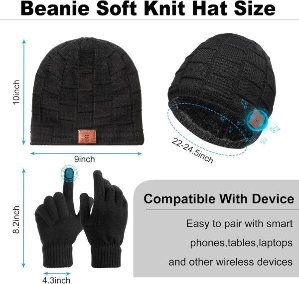 Honoson Bluetooth Beanie Set Includes 2 Pieces Bluetooth Beanie Hat Wireless Bluetooth Winter Hats 2 Pairs Winter Touchscreen Gloves Knit Stretch Gloves for Christmas Birthday Gifts for Men Women - Image 3
