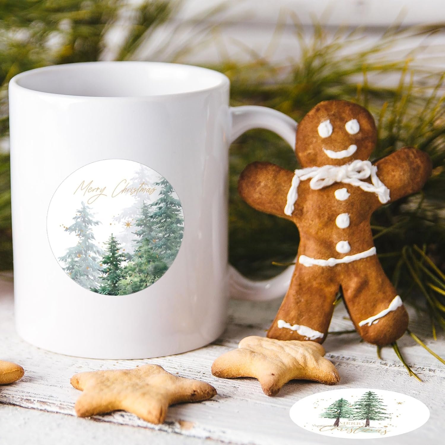 Whaline 1000Pcs Merry Christmas Stickers Roll Watercolor Forest Decals Green Xmas Tree Adhesive Decorative Round Seal Stickers for Gift Greeting Card Party Supplies - Image 6