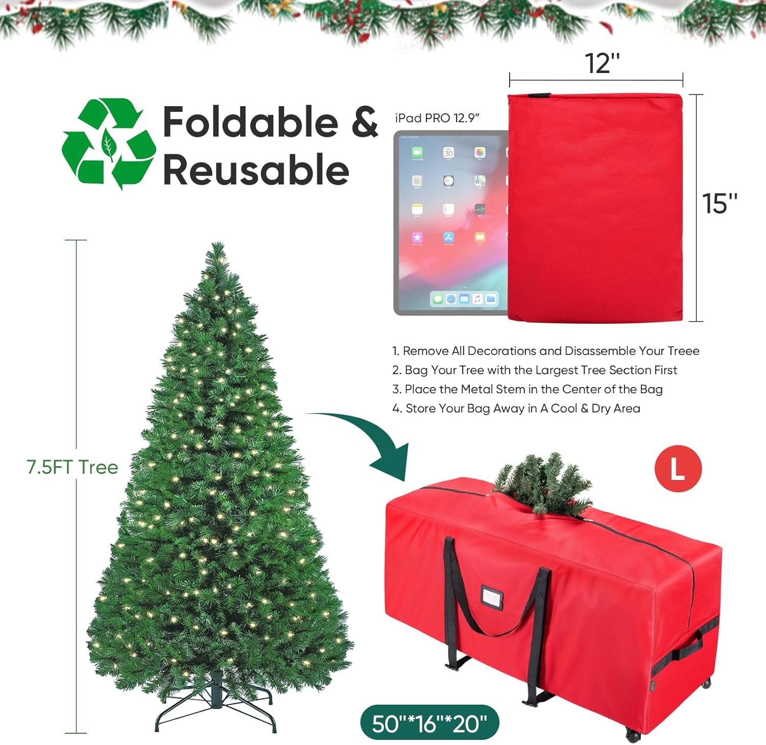 BALEINE 7.5 ft Rolling Christmas Tree Storage Bag, 2 Swivel Wheels for Easy Moving, Heavy Duty 600D Oxford Fabric Extra Large Artificial Christmas Tree Bag with Reinforced Carry Handles (Grey) - Image 5