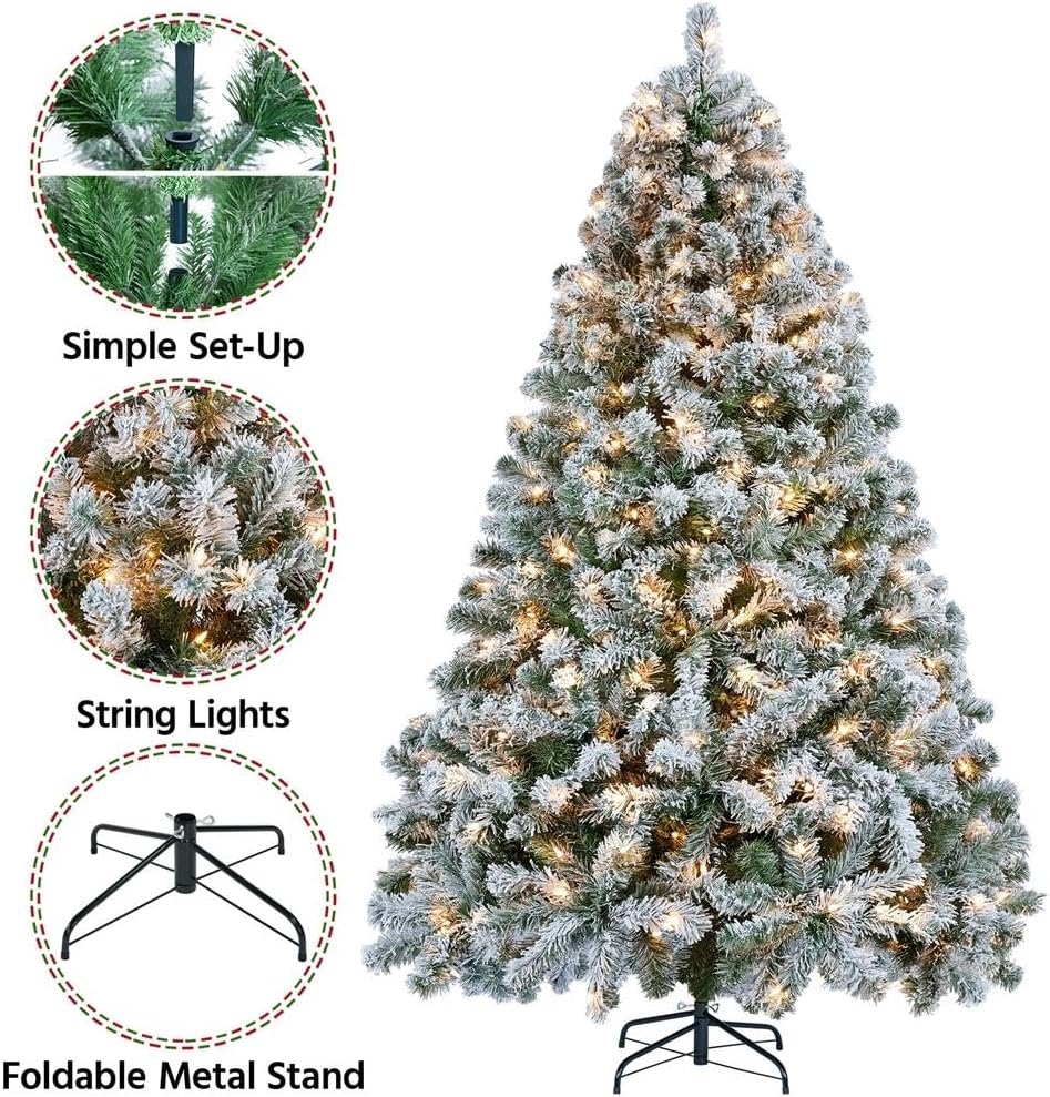 Yaheetech 6ft Pre-lit Artificial Christmas Tree with Incandescent Warm White Lights, Snow Flocked Full Prelighted Xmas Tree W/820 Branch Tips, 250 Incandescent Lights & Foldable Stand, Green & White - Image 3