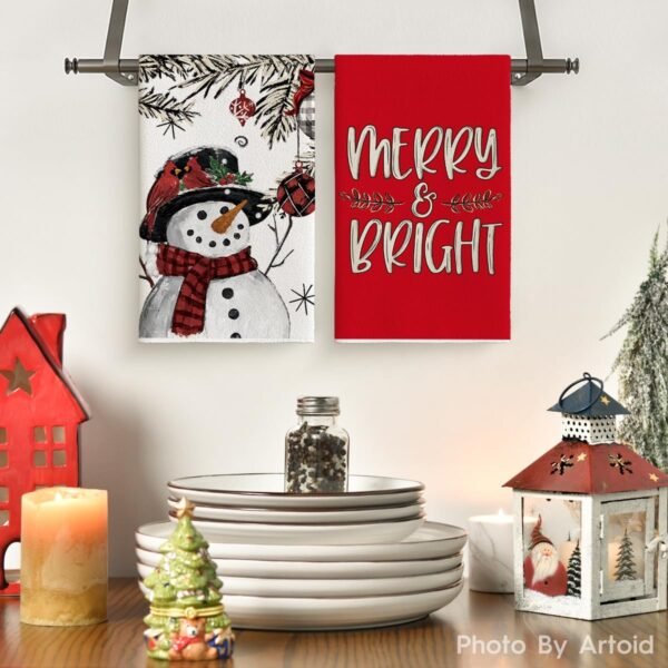 Artoid Mode Xmas Tree Snowman Christmas Kitchen Towels Dish Towels, 18x26 Inch Holiday Joy Holly Bird Winter Decoration Hand Towels Set of 4 - Image 3