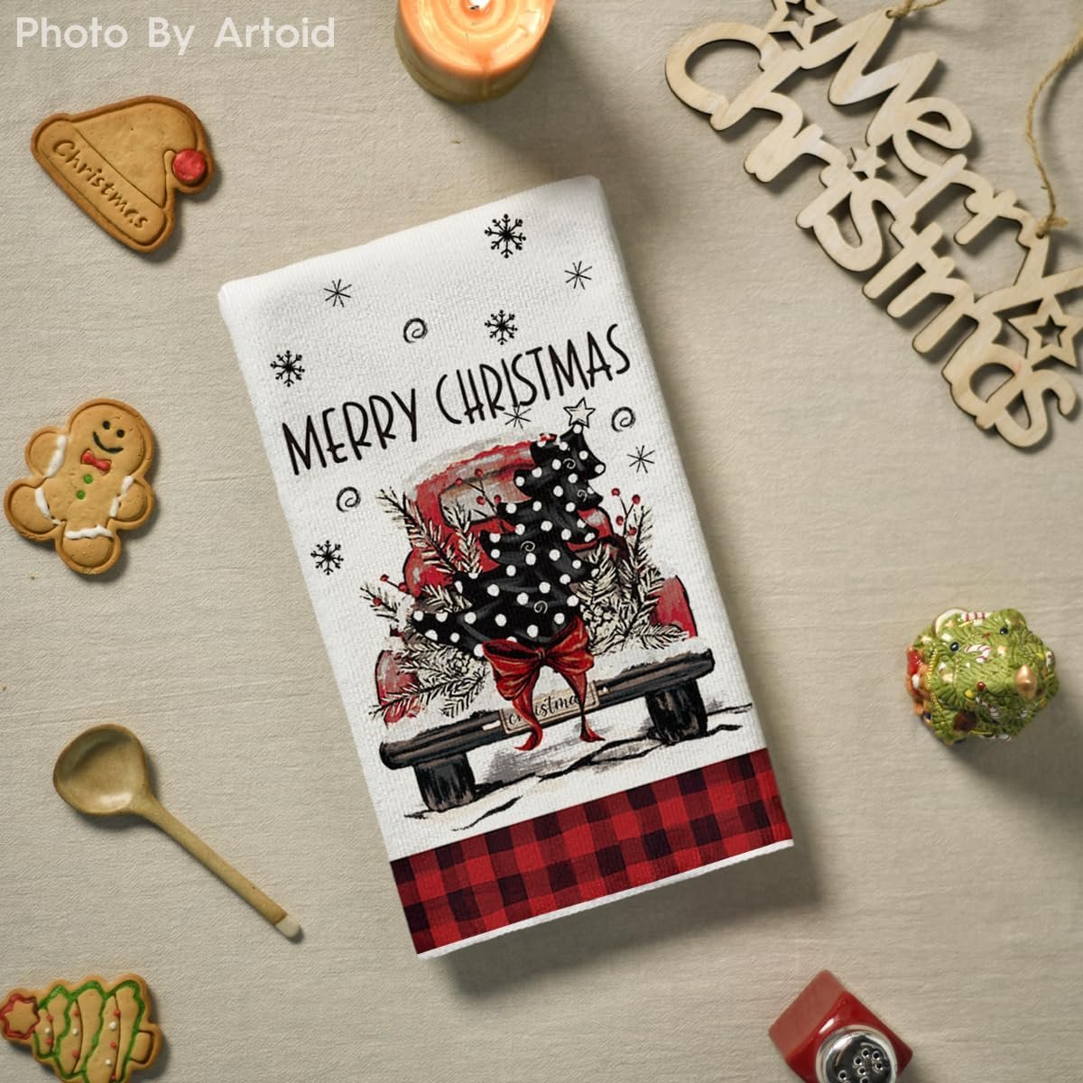 Artoid Mode Red Snowman Xmas Trees Santa Claus Truck Merry Christmas Kitchen Towels Dish Towels, 18x26 Inch Farmhouse Decoration Hand Towels Set of 6 - Image 5