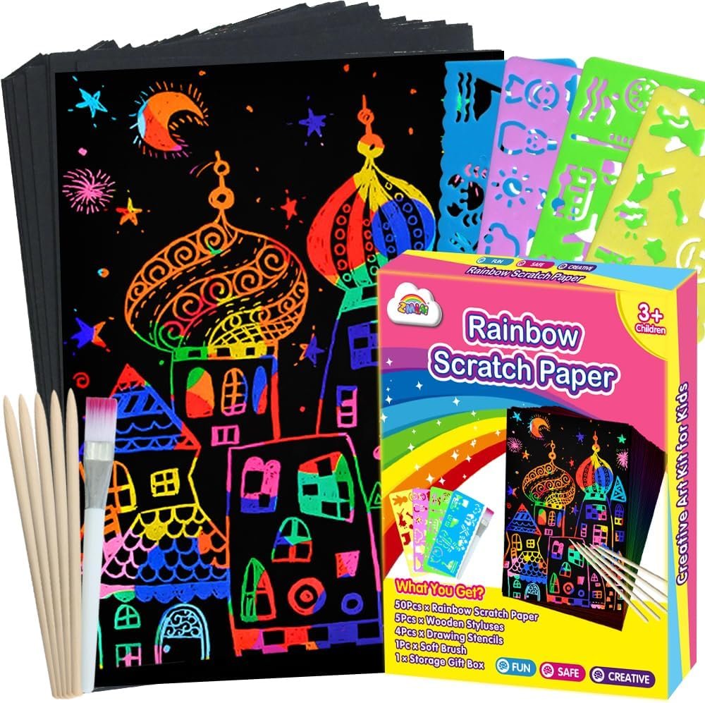 ZMLM Scratch Paper Art Set, 60 Pcs Rainbow Magic Scratch Paper for Kids Black Scratch Off Art Crafts Kits Notes with 5 Wooden Stylus for Girls Boys Toys Game Christmas Stocking Stuffers Birthday Gift - Image 2