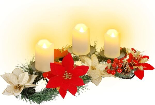 Joliyoou Christmas Tabletop Centerpieces, Metal Candle Holder with 3 Flameless Candles Lights, Poinsettia Adorned Candelabrum for Xmas Holiday Table Mantle Decoration, 17.5 x 9.8 x 4.7 Inch - Image 9