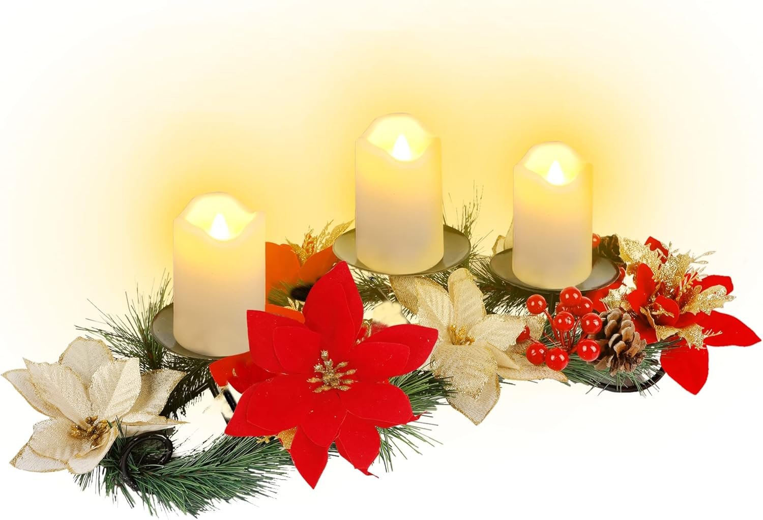 Joliyoou Christmas Tabletop Centerpieces, Metal Candle Holder with 3 Flameless Candles Lights, Poinsettia Adorned Candelabrum for Xmas Holiday Table Mantle Decoration, 17.5 x 9.8 x 4.7 Inch - Image 9