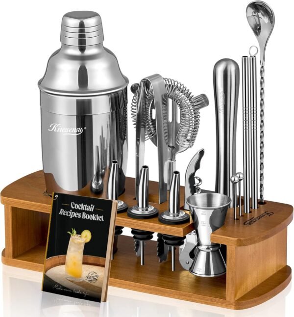 KITESSENSU Cocktail Shaker Set Bartender Kit with Stand | Bar Set Drink Mixer Set with All Essential Accessory Tools: Martini Shaker, Jigger, Strainer, Mixer Spoon, Muddler, Liquor Pourers |Silver - Image 2