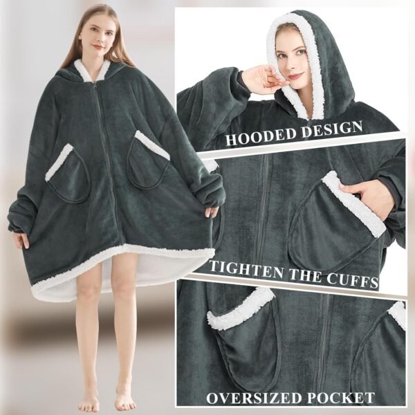 Topcee Oversized Wearable Blanket Sherpa Fleece Blanket Hoodie Comfortable Soft Warm Thick Big Hooded Sweatshirt Hoodie Blanket - Cozy and Fuzzy Blanket Hoodie with Giant Pocket - Dark Grey - Image 3