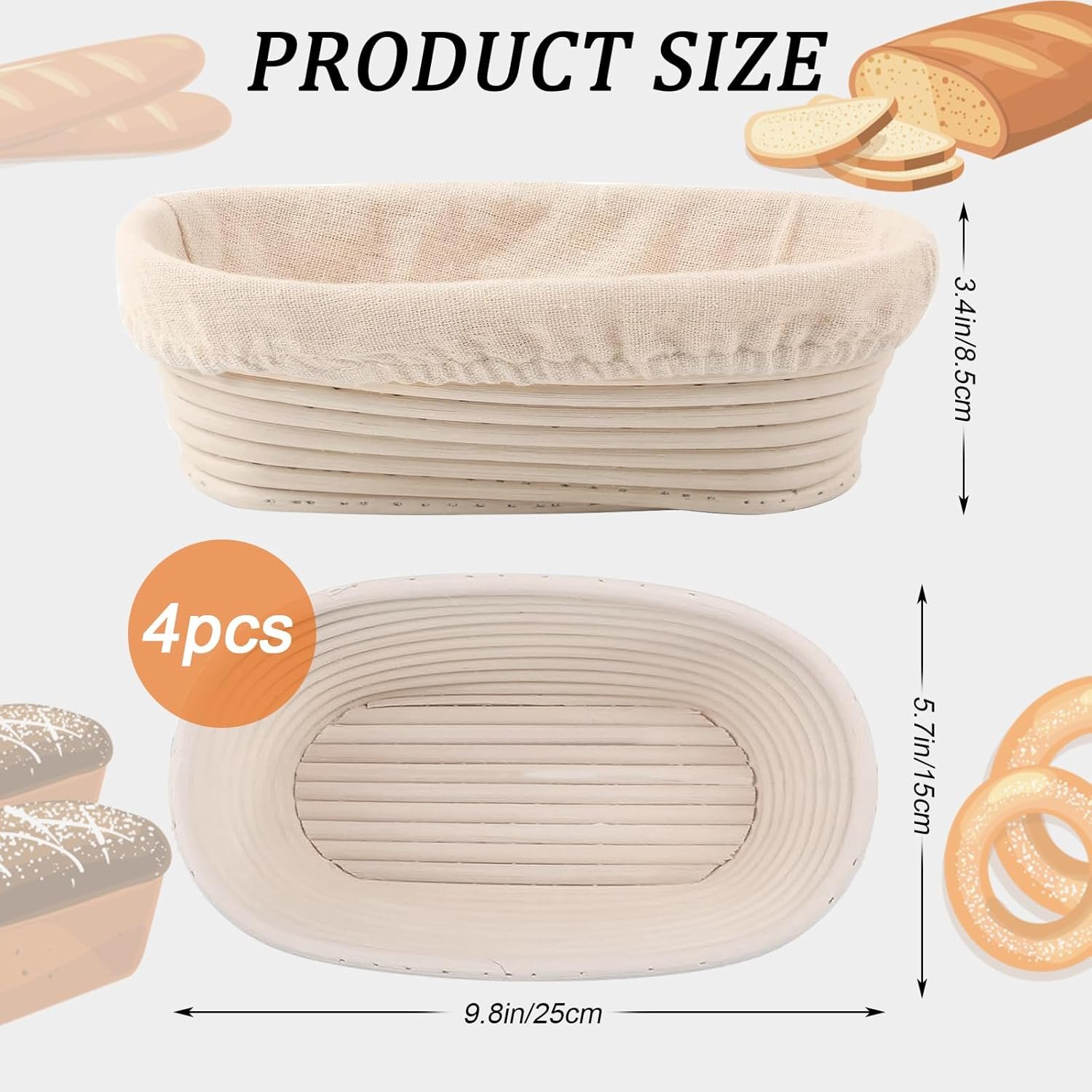 10 inch Oval Banneton Bread Proofing Basket Sourdough Bread Baking Supplies Set of 4 Sourdough Starter Kit Baking Bowl Gifts for Mom Wife - Image 3