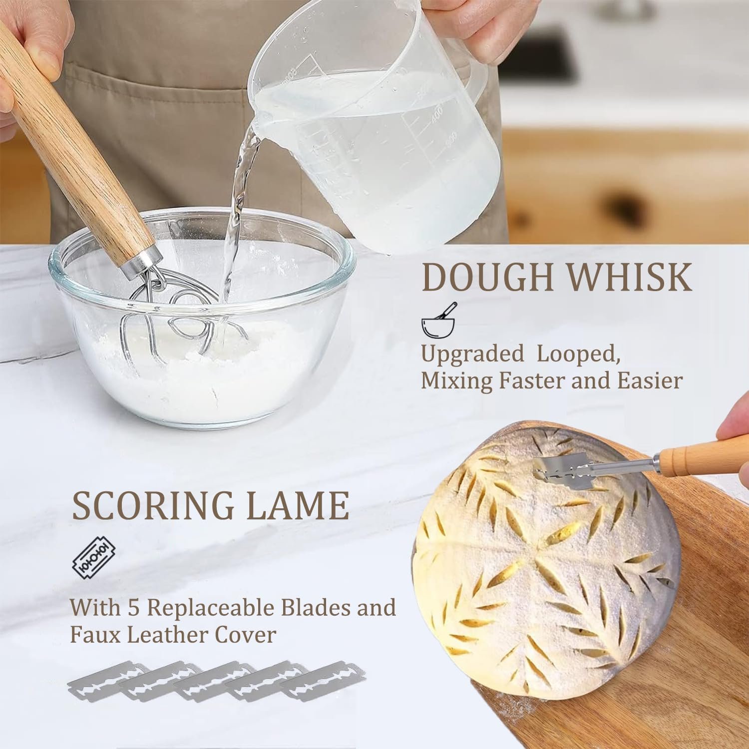 Banneton Bread Proofing Basket Set, 9 Inch Round &10 Inch Oval Sourdough Bread Baking Supplies with Linen Liner, Bread Lame, Silicone Bread Sling,Bowl Scraper,Bread Making Tools,Dough Scraper Kit - Image 5