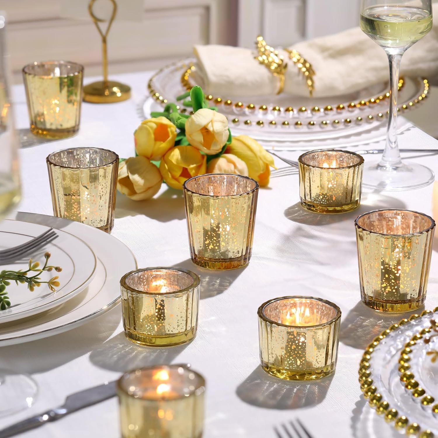8pcs Assorted Ribbed Gold Votive Candle Holders for Wedding Centerpiece, Mercury Tea Light Candle Holders, Gold Glass Candle Holder for Table Centerpiece, Wedding, Home and Party Decorations - Image 5