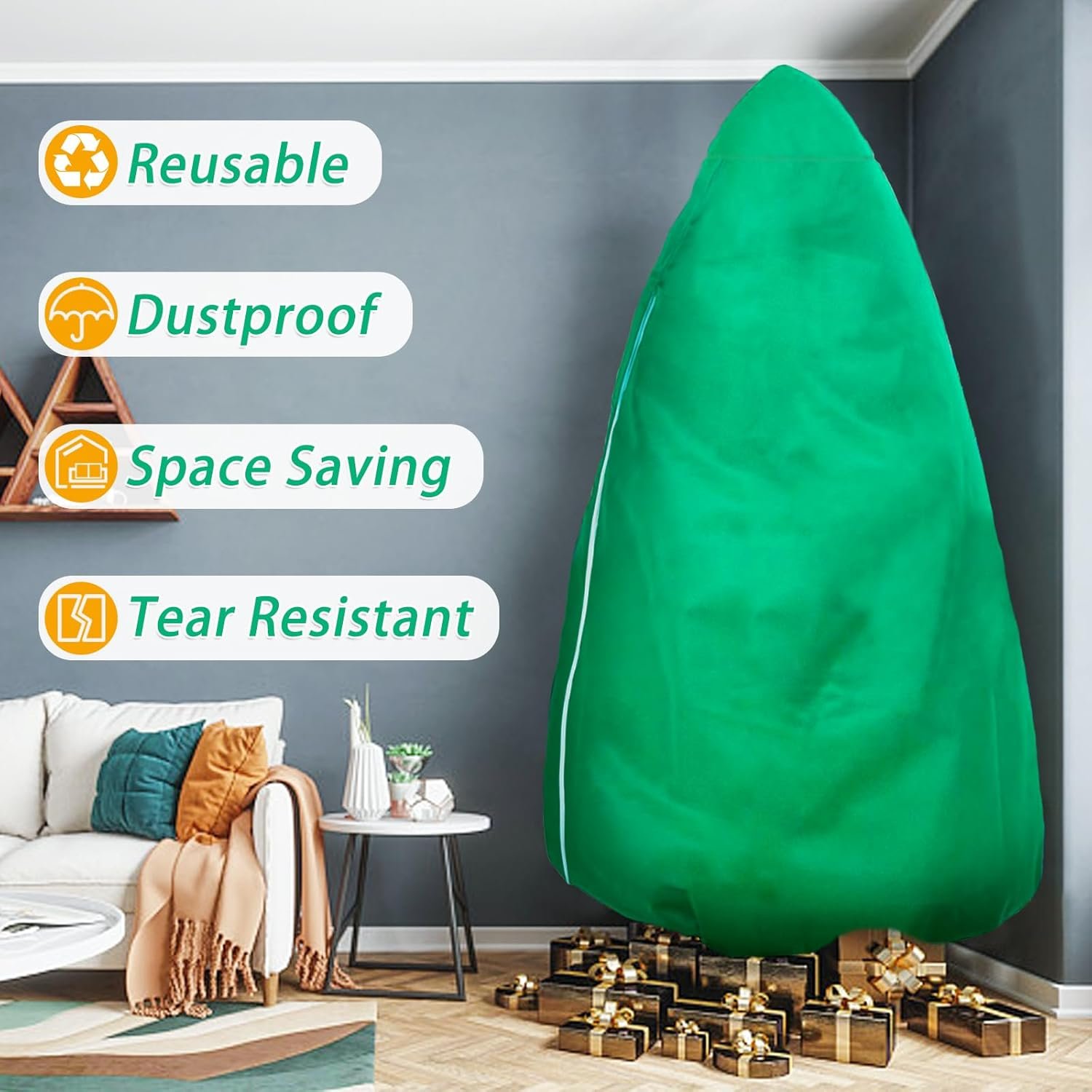 Upright Christmas Tree Storage Bag, Christmas Tree Cover for Up to 9FT x 6FT Standing Artificial Xmas Tree with Ornaments, Large Holiday Assembled Christmas Tree Bag with Zipper and Drawstring(Green) - Image 4
