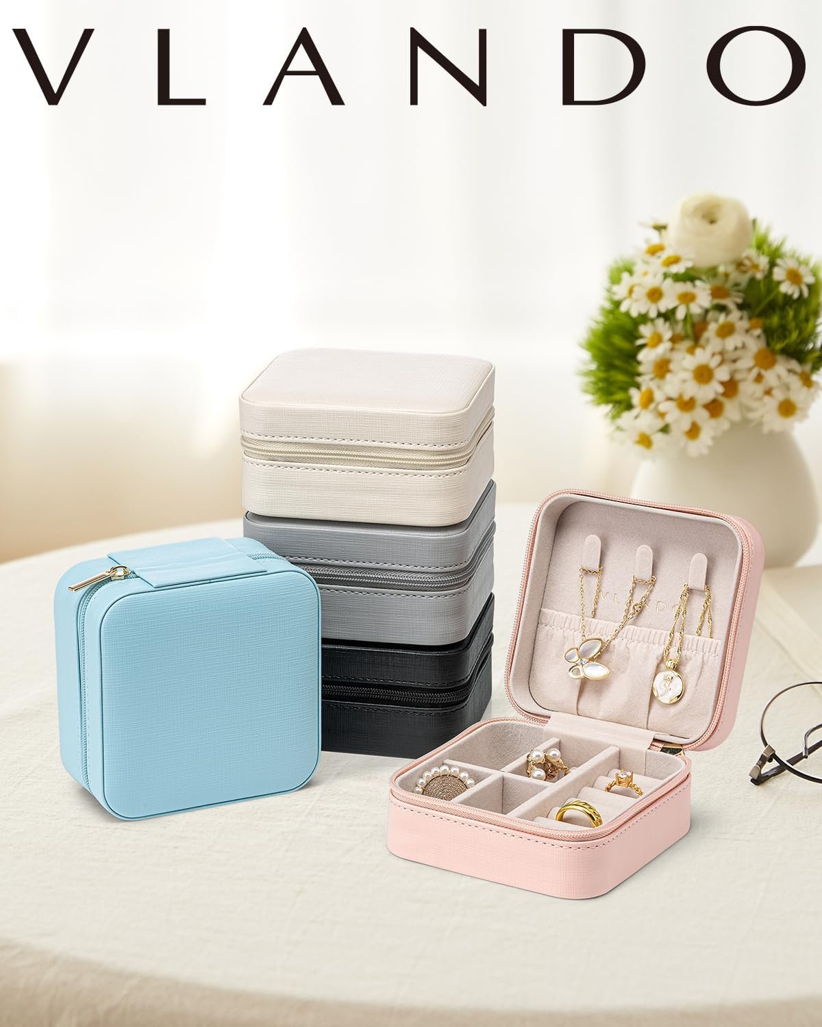 Vlando Travel Jewelry Box, Small Jewelry Travel Organizer Case Travel Essentials Christmas Gift for Women Girl - Pink - Image 10